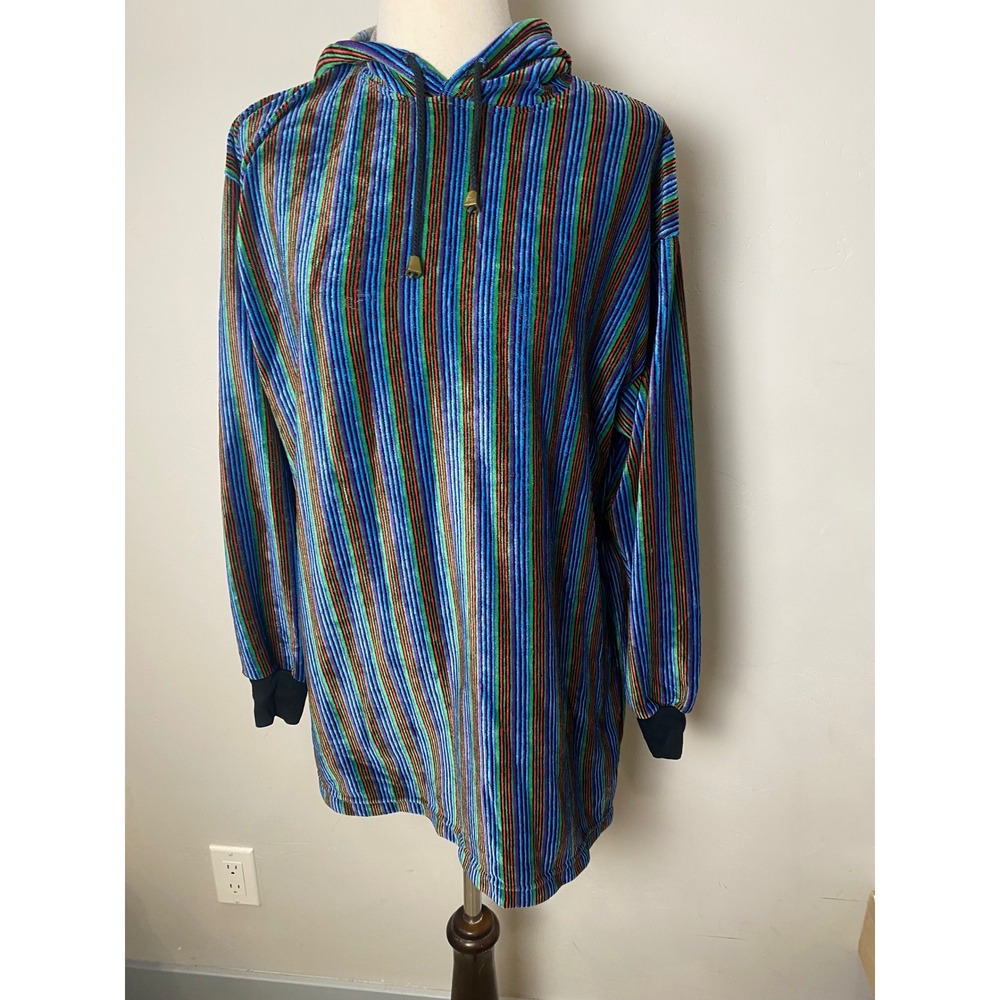 Vintage Santana 90s Streetwear Velour Vertical Stripe Hoodie XL Blue Multi